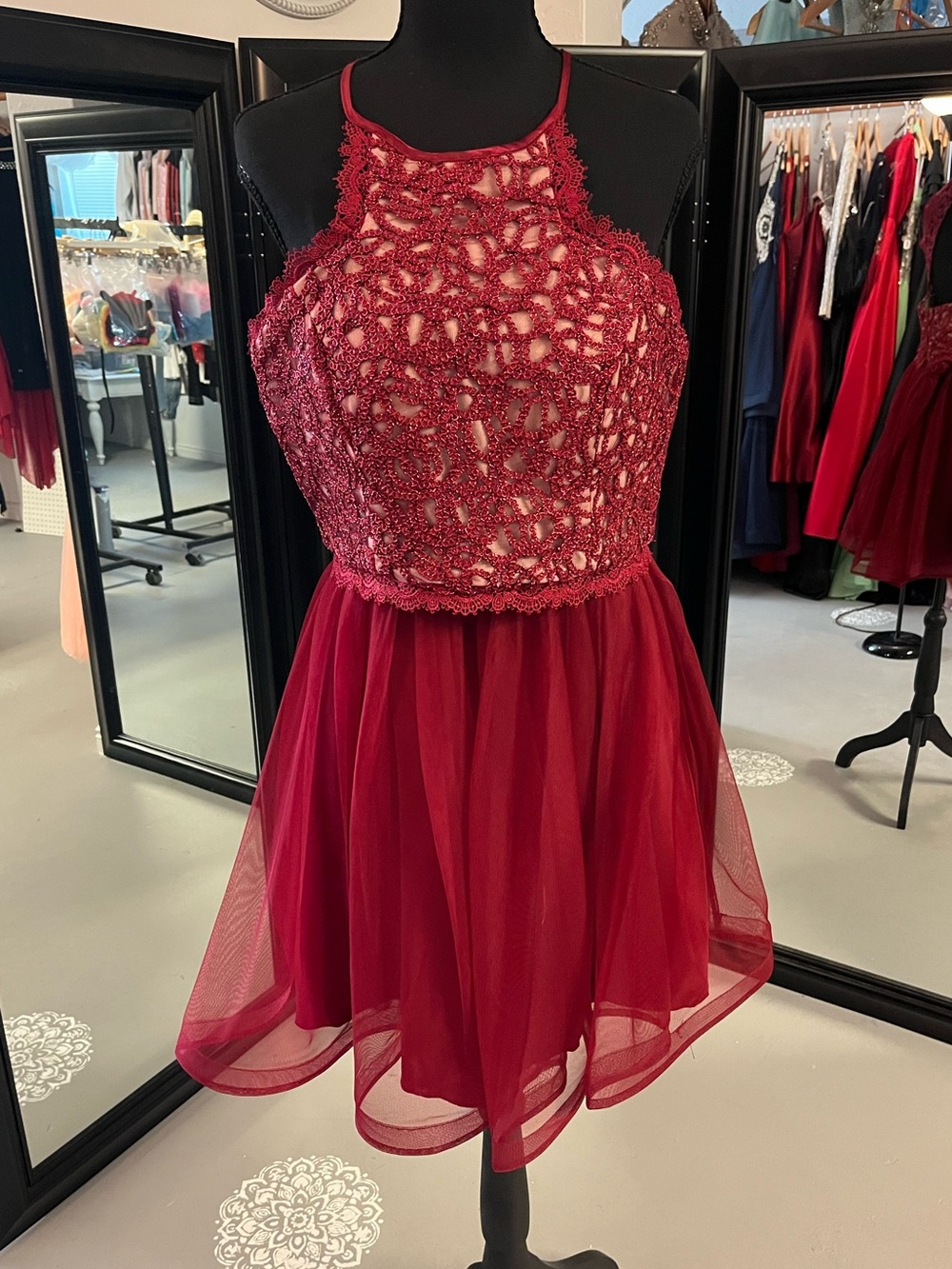 Sequin Hearts Burgundy Beaded Lace Halter Tulle Mini Dress